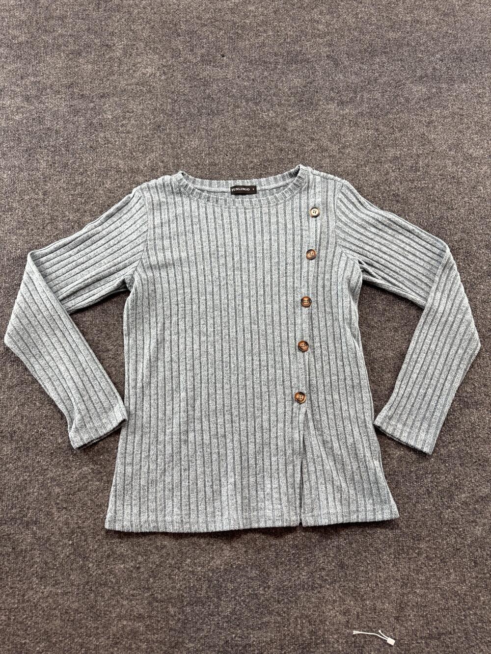 FUNLINGO Sweater Womens Small Gray Ribbed Button Detail Long Sleeve Pullover